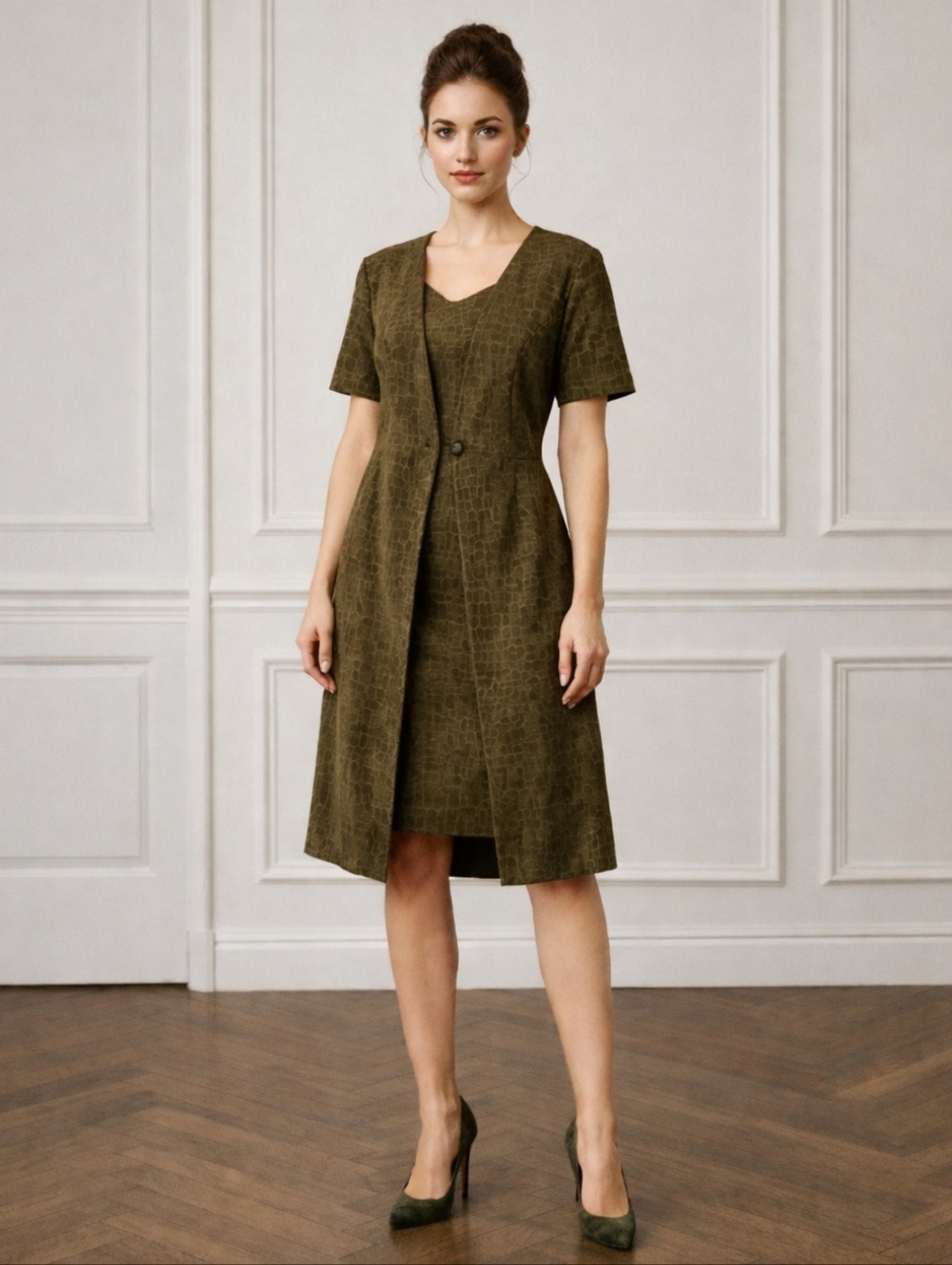 Dressbarn Green Crocodile Print Short Sleeve Midi Dress Career Work Office 16W